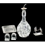 A SILVER MOUNTED CUT GLASS BITTERS BOTTLE AND POURING STOPPER, 22CM H, BIRMINGHAM 1935, A