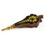 A PAIR OF VICTORIAN PAPIER MACHE AND LEATHER BELLOWS, PAINTED WITH FLORAL SPRAYS, WITH TURNED