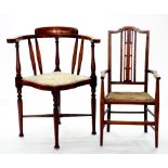 AN EDWARD VII STAINED BEECH CORNER CHAIR AND A BEECH CHILD'S CHAIR, BOTH EARLY 20TH CENTURY
