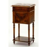 A FRENCH TEAK POT CUPBOARD WITH LIVER AND WHITE MARBLE TOP, 43CM W, EARLY 20TH CENTURY