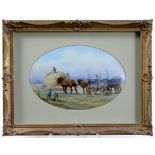 A MILWYN HOLLOWAY PORCELAIN PLAQUE, PAINTED WITH A HAYMAKING SCENE, SIGNED, 14.6 X 22CM, PRINTED