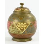 AN EASTERN PINK AND CREAM PAINTED PATINATED BRASS GLOBULAR JAR AND COVER, 18CM H