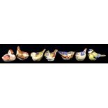 SEVEN ROYAL CROWN DERBY BIRD PAPERWEIGHTS, CRESTED TIT SIGNED BY SUE ROWE AND ANOTHER, GOLDCREST,