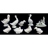 NINE NAO PORCELAIN MODELS AND GROUPS OF DUCKS, VARIOUS SIZES, PRINTED MARKS (WITH BOXES)