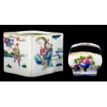 A CHINESE PORCELAIN FAMILLE ROSE SQUARE INKWELL PAINTED WITH FIGURES AND GROUPS, 6CM H, LATE 19TH