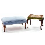 A QUEEN ANNE STYLE DRESSING STOOL ON WALNUT STAINED BEECH CABRIOLE LEGS, 51CM W AND ANOTHER
