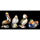 FOUR ROYAL CROWN DERBY BIRD PAPERWEIGHTS, SONG THRUSH SIGNED BY JOHN ABLITT, BROWN PELICAN, PUFFIN