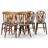 FOUR VICTORIAN ASH KITCHEN CHAIRS AND A PAIR OF ASH WHEELBACK CHAIRS