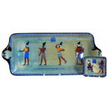 A ROYAL DOULTON TITANIAN WARE TRAY AND OBLONG DISH, BOTH DECORATED WITH TUTANKHAMUN'S TREASURES