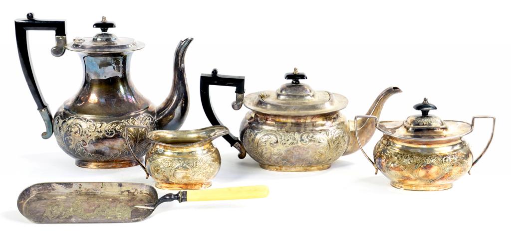 AN EPNS EMBOSSED TEA AND COFFEE SERVICE, INCLUDING A SUCRIER AND COVER AND AN EPNS CRUMP SCOOP