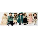 SIX MODERN BISQUE HEADED FASHION DOLLS AND AN OWL AND FOUR INDIAN INLAID TRINKET BOXES AND TWO