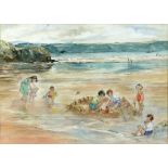 DOROTHY LOCKWOOD - BUILDING SAND CASTLES, SIGNED, WATERCOLOUR, 36.5CM X 51CM