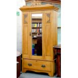 AN EDWARD VII WALNUT WARDROBE WITH MIRROR INSET DOOR, 110CM W