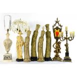 A DECORATIVE BRASS CANDELABRUM, 50CM H AND VARIOUS ORAMENTAL LAMPS AND FIGURES