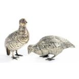A PAIR OF ELECTRO PLATED PARTRIDGE TABLE ORNAMENTS, 17CM H