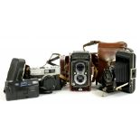 A YASHIKA-MAT TWIN LENS REFLEX CAMERA AND THREE OTHER VINTAGE FOLDING OR 35MM CAMERAS