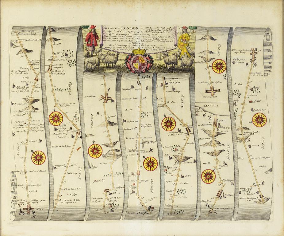 JOHN OGILVIE - THE ROADS FROM LONDON TO WELLS IN NORFOLK, DOUBLE PAGE ENGRAVING, 18TH CENTURY,