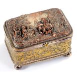 A FRENCH ORNATE MINIATURE ELECTRO PLATED JEWEL CASKET WITH COPPER ELECTRIC TYPE LID, 8CM W, C1880