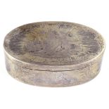 A SILVER AND NIELLO OVAL SNUFF BOX the lid, base and sides decorated overall with six scenes on a