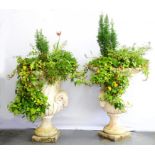 A PAIR OF RECONSTITUTED STONE GARDEN VASES 90CM H