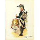 EDMOND LAJOUX - DRUMMER; MILITARY BANDSMEN, TWO BOTH SIGNED, WATERCOLOUR, 30CM X 22.5CM AND CIRCA