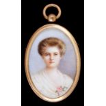 ENGLISH SCHOOL, C1910 PORTRAIT MINIATURE OF A LADY IN A WHITE DRESS WITH ROSE CORSAGE, IVORY,