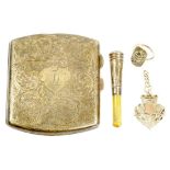 A GEORGE V SILVER CIGARETTE CASE, 8.5CM W, BIRMINGHAM 1922, 3OZS, A CIGARETTE HOLDER AND TWO OTHER