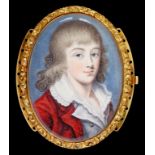 ENGLISH SCHOOL, EARLY 19TH C PORTRAIT MINIATURE OF A YOUNG MAN IN A RED COAT, IVORY, OVAL, 4.5 X 3.