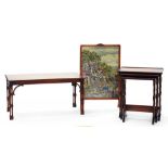 A MAHOGANY NEST OF TABLES, A COFFEE TABLE AND A FIRE SCREEN