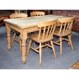 A VICTORIAN PINE KITCHEN TABLE, 152CM X 89CM AND A SET OF FOUR DINING CHAIRS