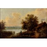 VICTORIAN SCHOOL - RIVER LANDSCAPE WITH ANGLER, OIL ON CANVAS, 28.5CM X 44CM