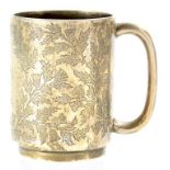 A VICTORIAN SILVER CHRISTENING MUG ENGRAVED WITH THISTLES, 9CM H, LONDON 1894, 6OZS 5DWTS