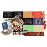 MISCELLANEOUS UNITED KINGDOM COINS INCLUDING BU SETS, SCARLET CARD TUBES OF PRE-DECIMAL THREEPENCES,