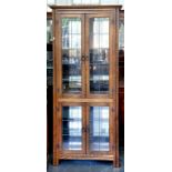 AN OAK CHINA CABINET WITH LEADED GLASS DOORS, MID 20TH CENTURY, 169CM X 80CM