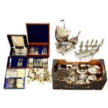 MISCELLANEOUS PLATED WARE including a Viking longship centrepiece, 47cm h, hollow ware and flatware,