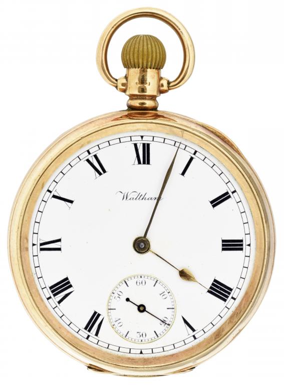 A 9CT GOLD KEYLESS LEVER WATCH, THE AMERICAN WALTHAM WATCH CO with enamel dial, 4.9cm diam, case