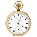 A 9CT GOLD KEYLESS LEVER WATCH, THE AMERICAN WALTHAM WATCH CO with enamel dial, 4.9cm diam, case