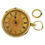 A SWISS GOLD CYLINDER WATCH, LATE 19TH C with gold dial in engraved case, 3.7cm diam, indistinctly