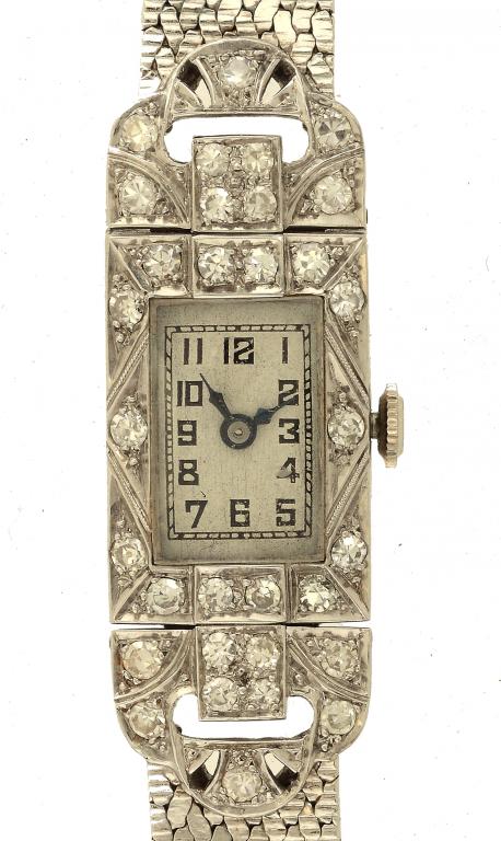 A SWISS DIAMOND SET PLATINUM COCKTAIL WATCH with articulated lugs, on later 9ct white gold bracelet,