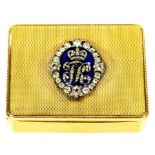 A FINE GEORGE III DIAMOND SET 18CT GOLD SNUFF BOX, BY A J STRACHAN engine turned, the lid applied at