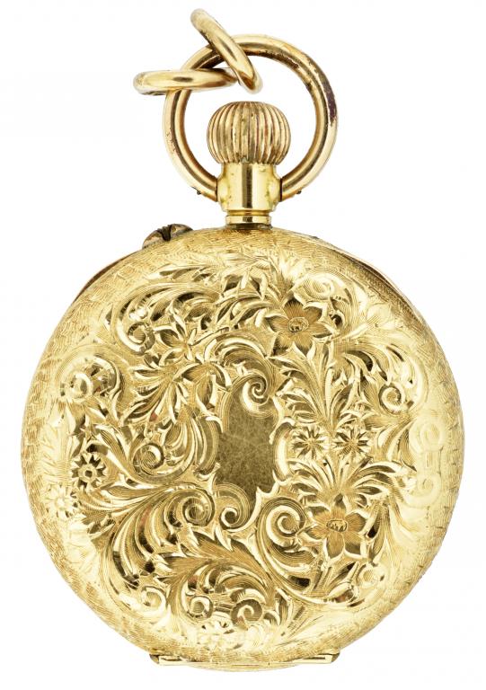 A SWISS GOLD KEYLESS CYLINDER WATCH, C1900 with engraved dial and case, 3.3cm diam, marked 18K, 29. - Image 2 of 2