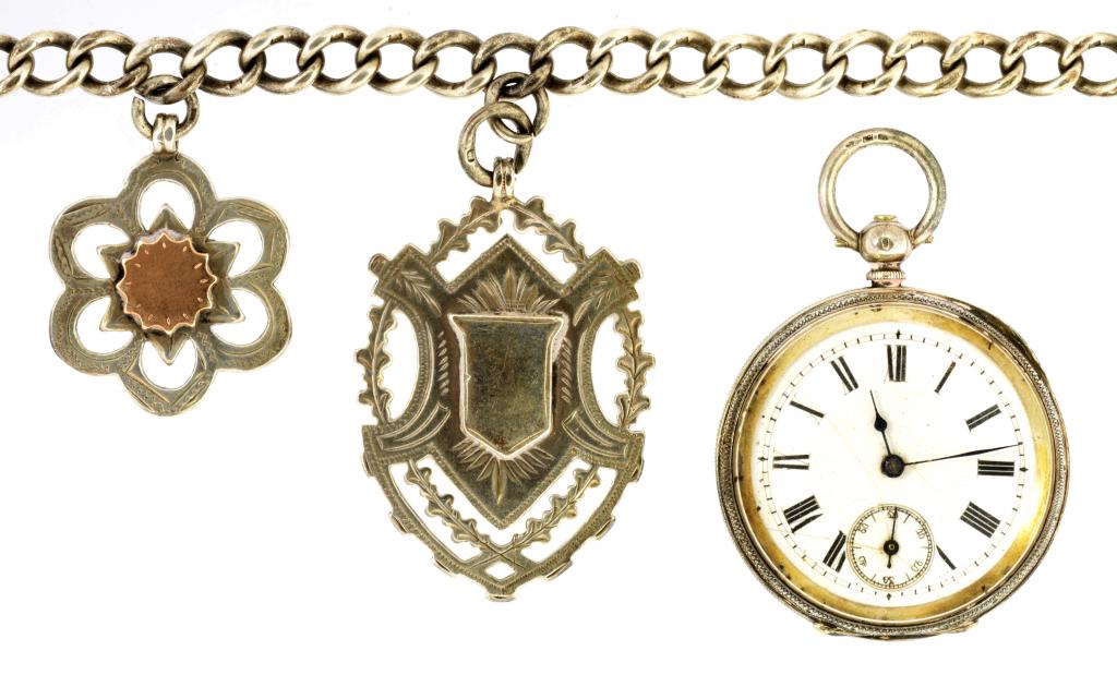 A SILVER ALBERT WITH TWO SHIELDS, C1900 62g and a contemporary Swiss silver lever watch (3) ++Both