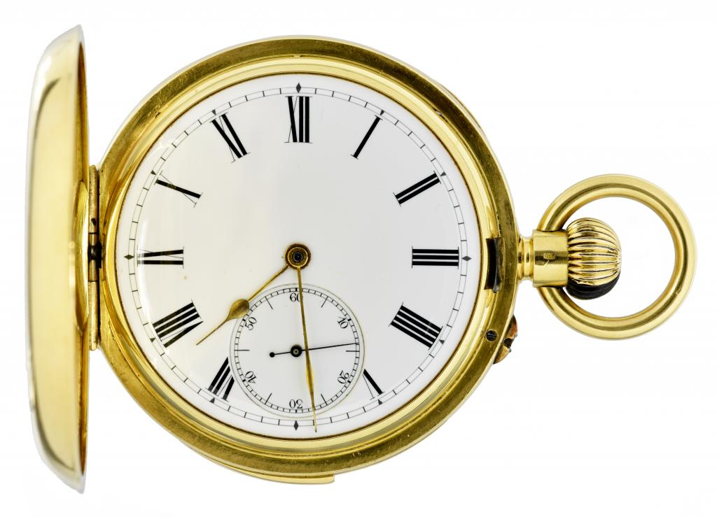 A SWISS 15CT GOLD KEYLESS LEVER MINUTE REPEATING HUNTING CASED WATCH with enamel dial, three quarter