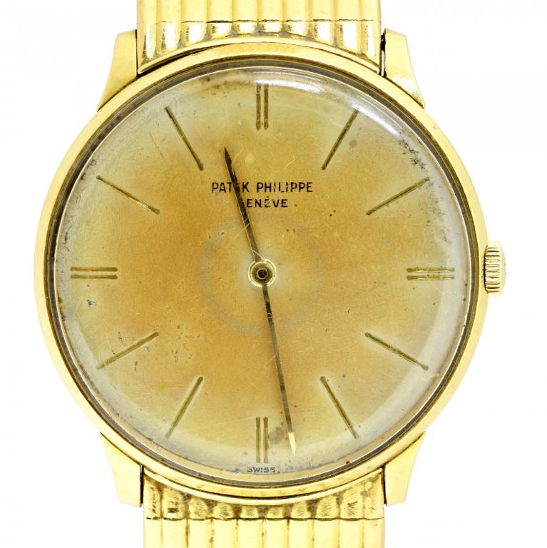 A PATEK PHILIPPE 18CT GOLD GENTLEMAN'S WRISTWATCH maker's tapered bracelet and clasp, 3.3cm diam,