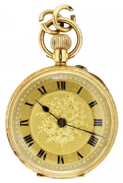 A SWISS GOLD KEYLESS CYLINDER WATCH, C1900 with engraved dial and case, 3.3cm diam, marked 18K, 29.