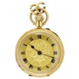 A SWISS GOLD KEYLESS CYLINDER WATCH, C1900 with engraved dial and case, 3.3cm diam, marked 18K, 29.