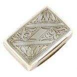 A VICTORIAN SILVER VINAIGRETTE with leaf engraved grille, 3cm wide, by Edward Smith, Birmingham