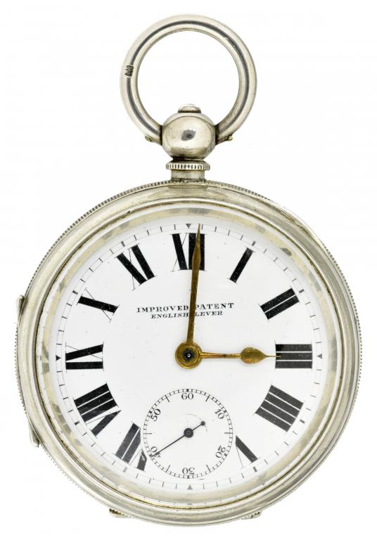 A SILVER LEVER WATCH, IMPROVED PATENT with enamel dial in heavy gauge engine turned case, 5.7cm