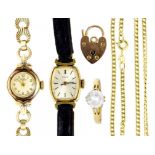 A TISSOT 18CT GOLD TONNEAU SHAPED LADY'S WRISTWATCH, A CERTINA 9CT GOLD LADY'S WRISTWATCH, AND A