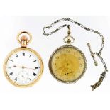A SWISS SILVER KEYLESS LEVER WATCH, C1920 4cm diam, a silver fob chain and a gold plated keyless